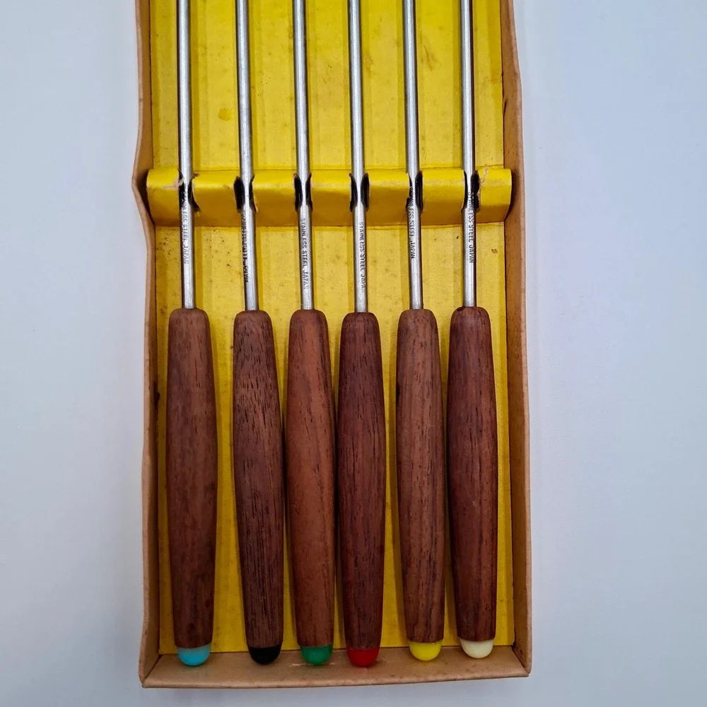 Vintage Set 11 Fondue Forks Stainless Steel Wood Handles Japan Taiwan MCM w/Box